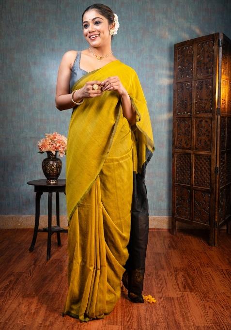 Yellow Woven Cotton Saree Set — view on Indya