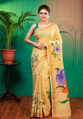 Beige Printed Cotton Saree Set