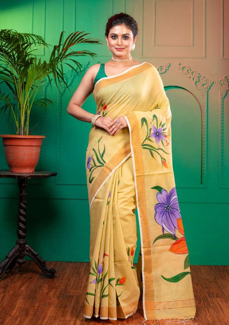 Beige Printed Cotton Saree Set - Indya