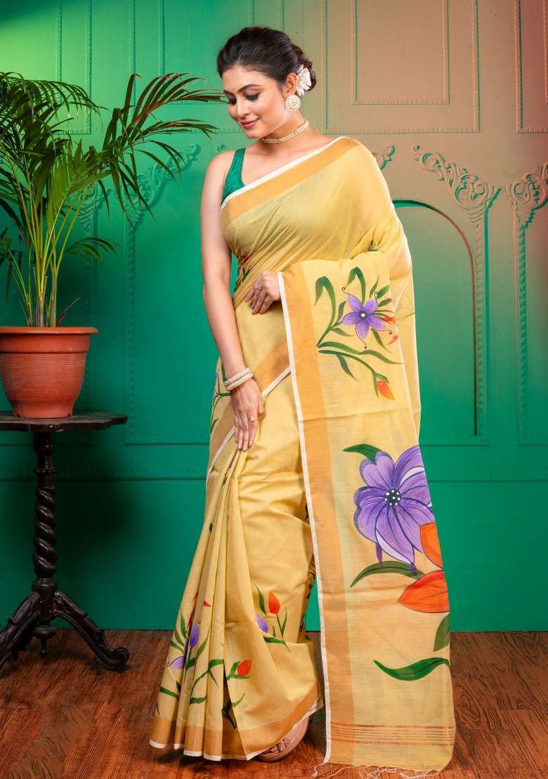Beige Printed Cotton Saree Set - Indya