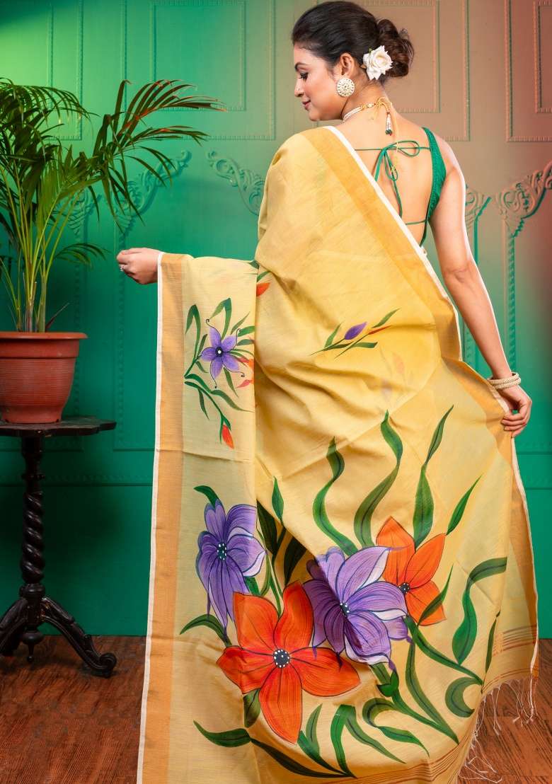 Beige Printed Cotton Saree Set - Indya