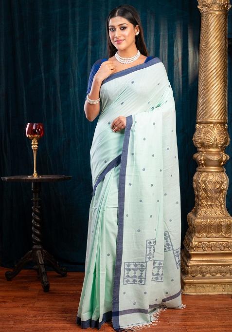 Green Woven Cotton Saree Set