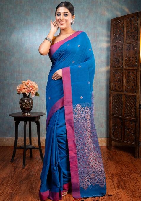 Blue Woven Cotton Saree Set — view on Indya
