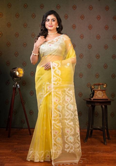 Yellow Woven Silk Saree Set