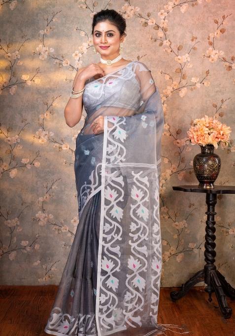 Grey Woven Silk Saree Set