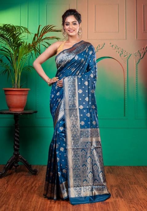 Blue Woven Silk Saree Set