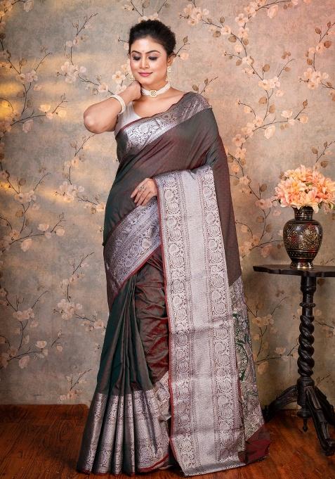 Grey Woven Silk Blend Saree Set