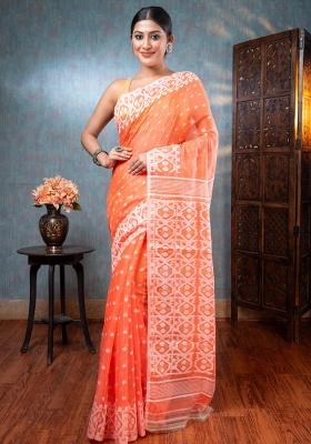 Orange Woven Cotton Saree Set