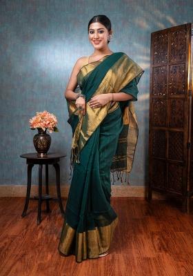 Green Woven Linen Saree Set