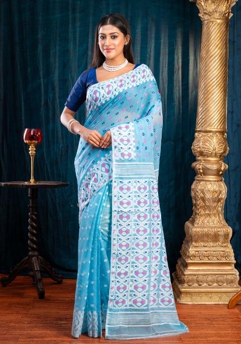 Blue Woven Cotton Saree Set — view on Indya