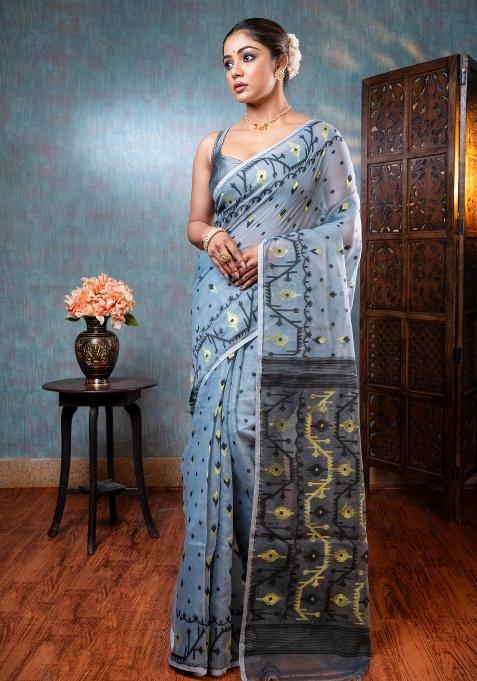 Grey Woven Cotton Saree Set