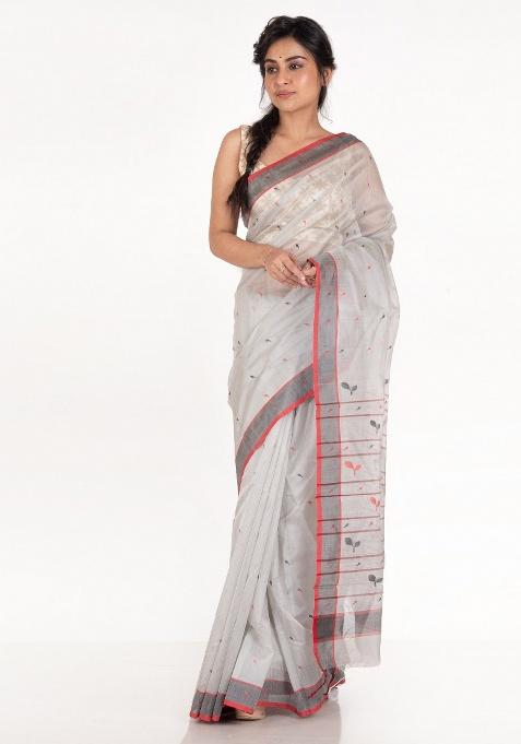Grey Woven Silk Blend Saree Set