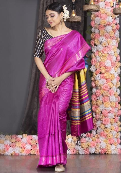 Magenta Woven Silk Saree Set