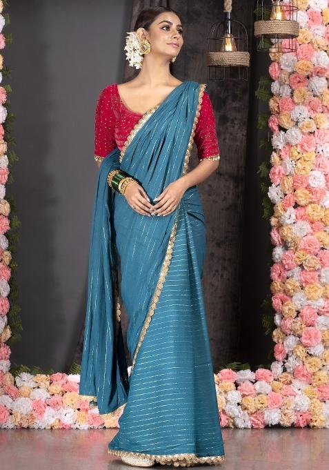 Teal Solid Georgette Saree Set
