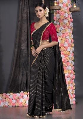 Black Solid Georgette Saree Set
