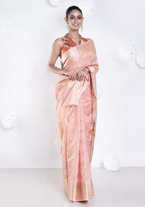Orange Woven Organza Saree Set