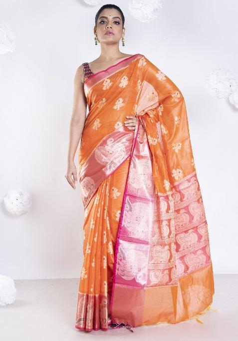 Orange Woven Organza Saree Set