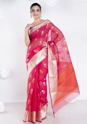 Pink Woven Cotton Saree Set