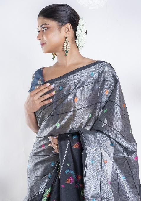Grey Woven Organza Saree Set