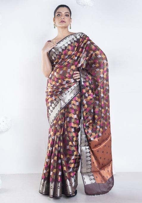 Brown Woven Organza Saree Set