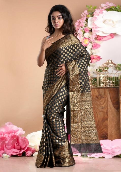 Black Woven Silk Saree Set