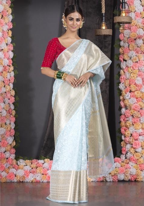 Grey Woven Organza Saree Set