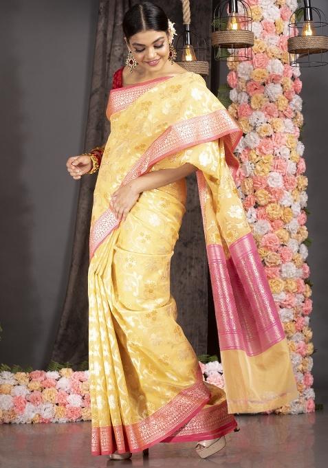 Yellow Woven Silk Blend Saree Set