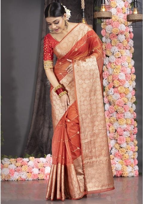 Coral Woven Organza Saree Set