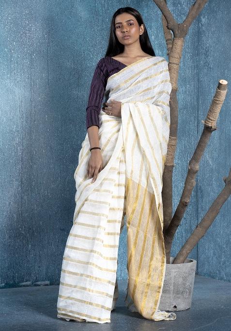 Off White Woven Linen Saree Set