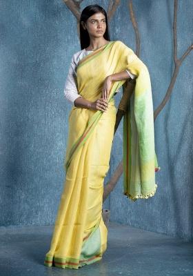 Yellow Woven Linen Saree Set