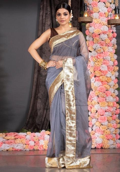 Off White Woven Organza Saree Set