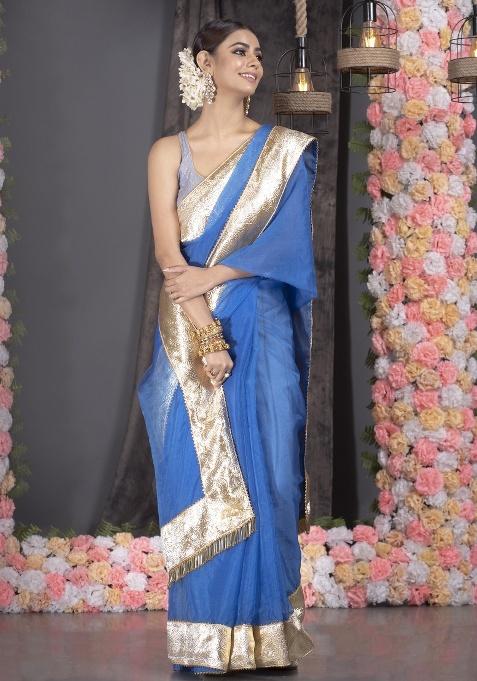 Blue Woven Organza Saree Set