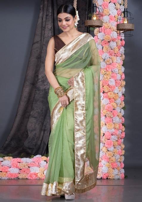 Green Woven Organza Saree Set
