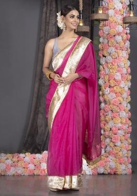 Pink Woven Organza Saree Set