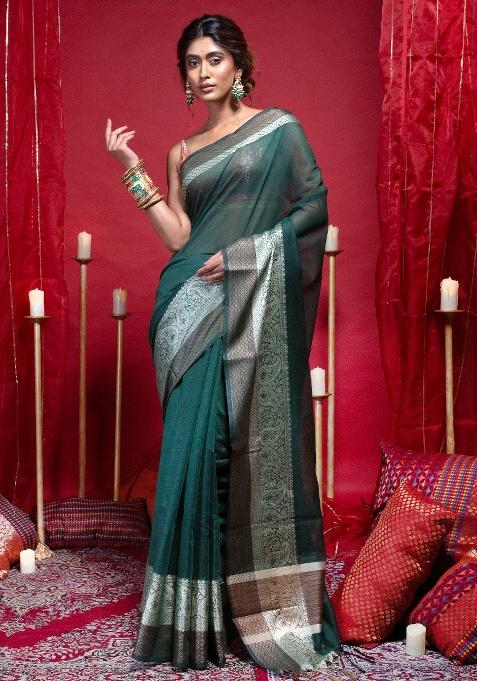 Green Woven Silk Saree Set