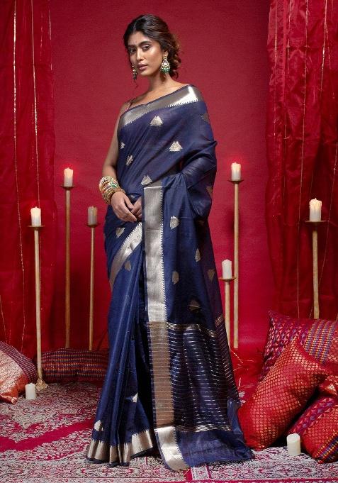 Blue Woven Organza Saree Set — view on Indya