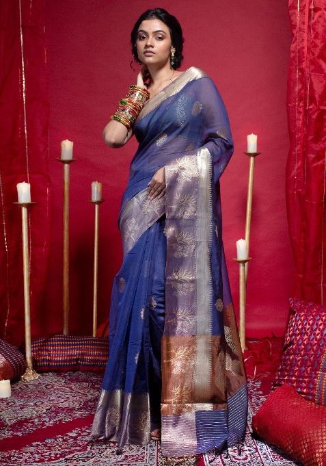 Blue Woven Organza Saree Set