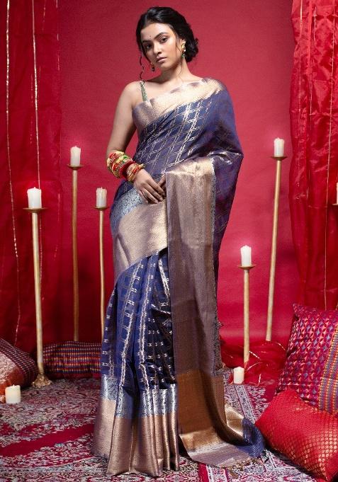 Navy Blue Woven Organza Saree Set