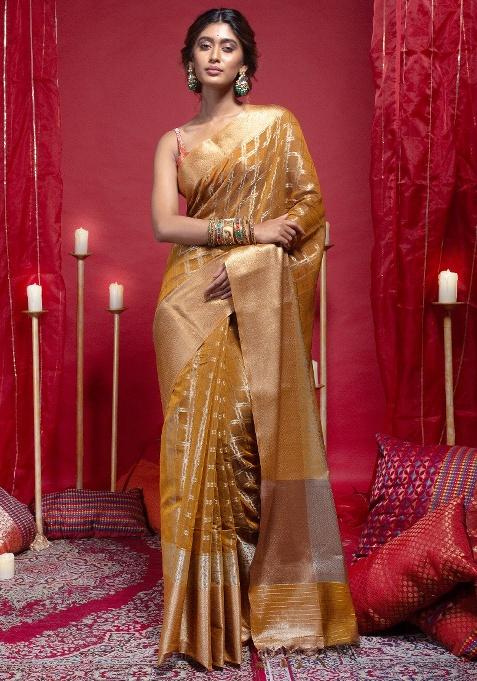 Mustard Woven Organza Saree Set