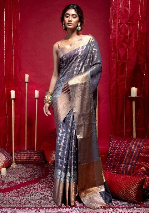 Grey Woven Organza Saree Set