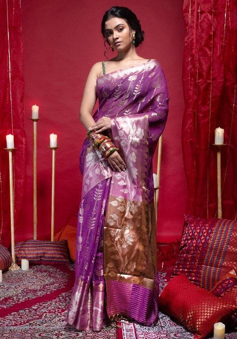 Magenta Woven Organza Saree Set