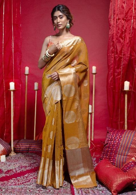 Mustard Woven Cotton Saree Set — view on Indya