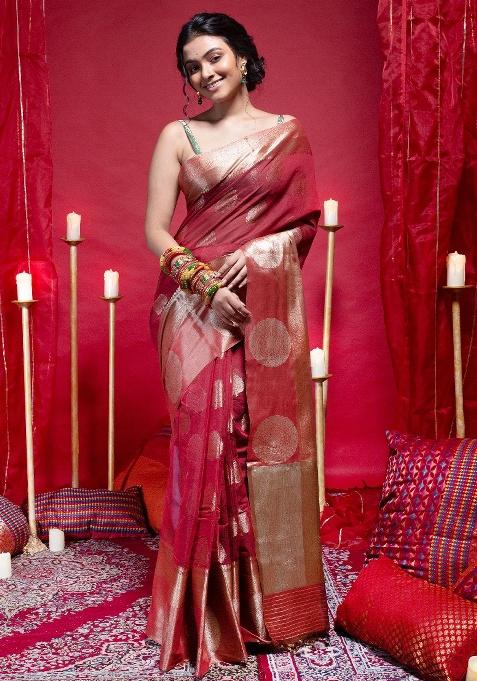 Maroon Woven Cotton Saree Set