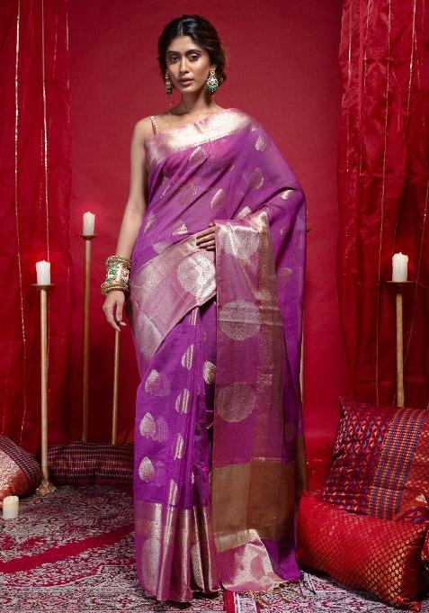 Magenta Woven Cotton Saree Set — view on Indya