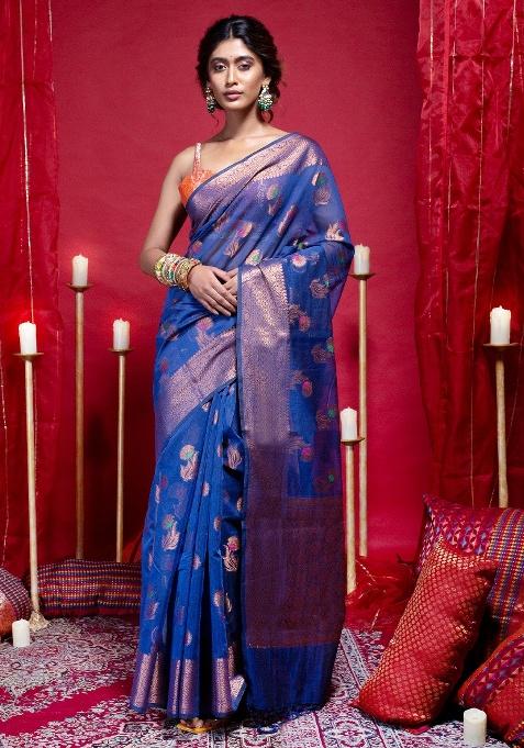 Blue Woven Organza Saree Set — view on Indya