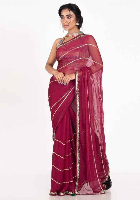 Magenta Embroidery Chiffon Saree Set