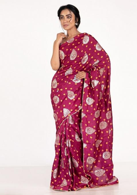 Wine Woven Silk Blend Saree Set