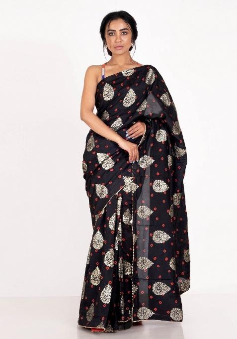 Black Woven Silk Saree Set
