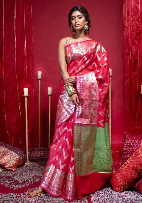 Pink Woven Organza Saree Set