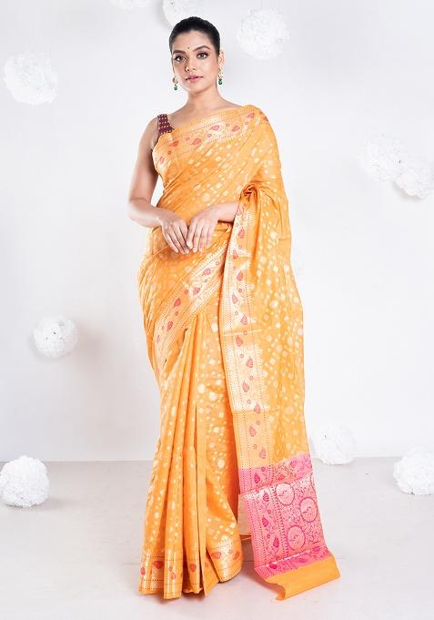 Yellow Woven Organza Saree Set